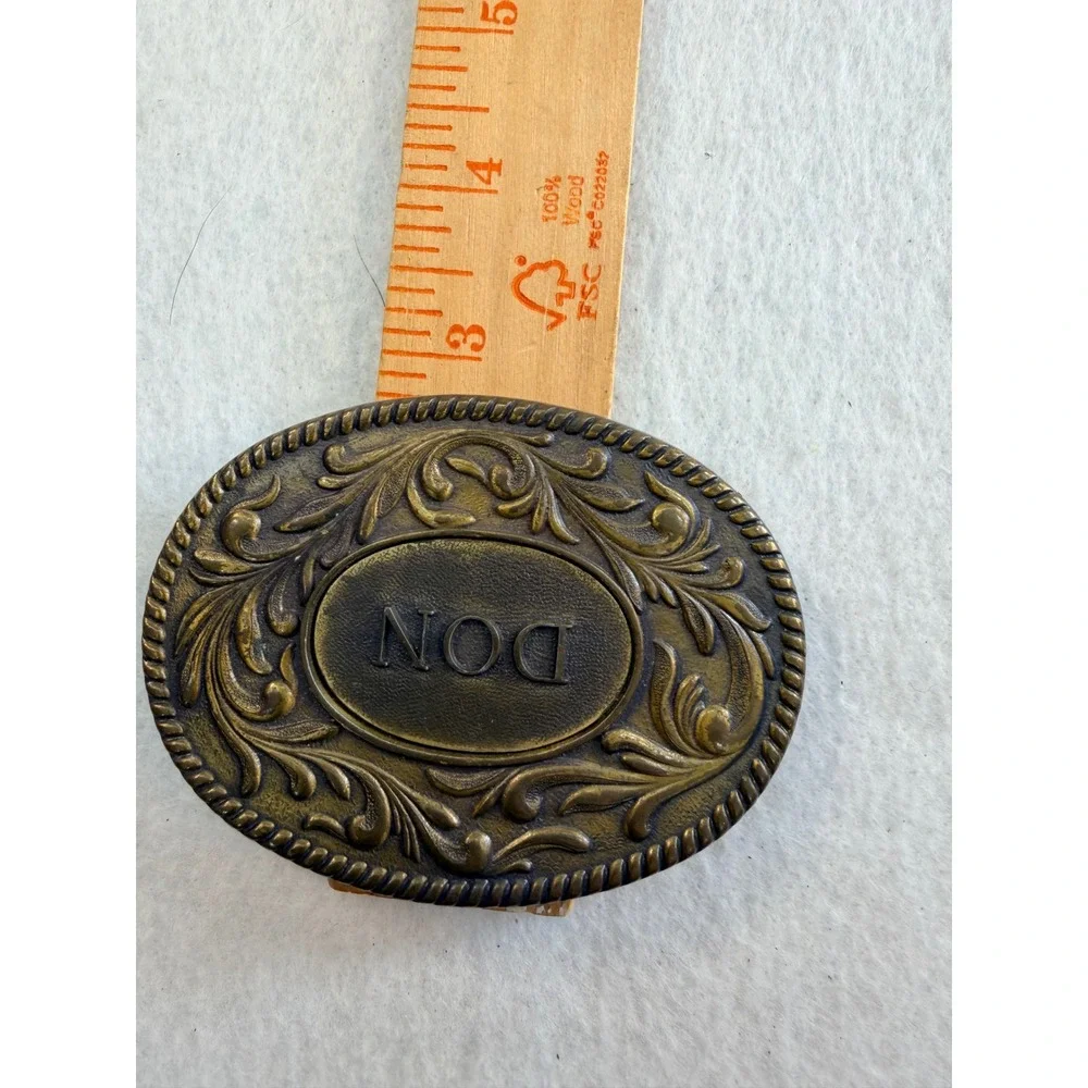 Vintage 1977 Kinney Co DON Name Belt Buckle Brass Tone Floral Scroll Western
